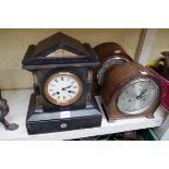 A Victorian slate and marble mantel clock, 31cm high; together with two oak mantel clocks.