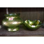 An iridescent Loetz style green glass vase and similar bowl, the vase 16cm high.