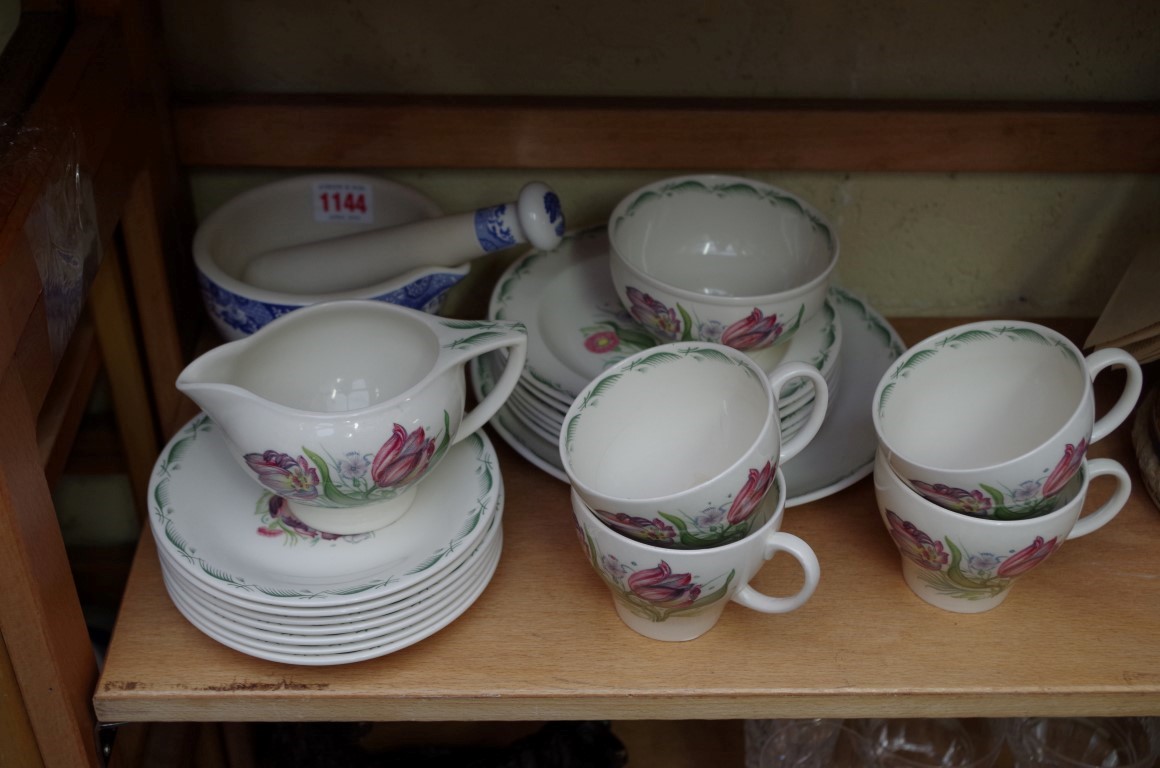 A Susie Cooper 'Parrot Tulip' pattern part tea service; together with a Spode Italian pattern mortar