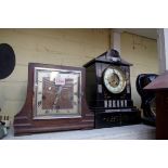 An Art Deco oak mantel clock, by Bravingtons, 22cm high; together with a Victorian slate and
