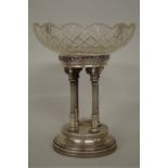 A continental .900 and cut glass pedestal bowl, with Ionic column base, stamped K9 no.8956, 17cm