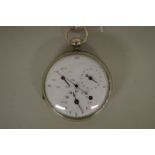 An antique triple dial open faced fusee pocket watch, the unsigned 52mm white enamel dial having