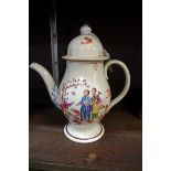 A late 18th century English creamware coffee pot and cover, painted in chinoiserie style, 21cm high.