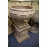 A Lefco Ware glazed stoneware urn and pedestal, total height 92.5cm.