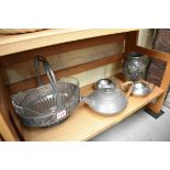 A Tudric pewter three piece tea set, No.01537;Â together with a WMF style pewter and clear glass