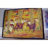 European School, figures and donkeys in a town, indistinctly signed and dated '88, oil on canvas, 68