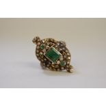An unusual antique emerald and diamond gold ring, stamped 585, 9.5g all in.