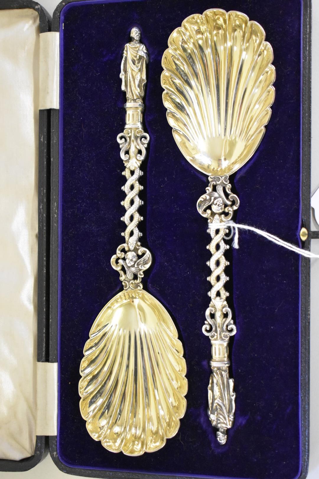 A cased pair of Victorian silver gilt apostle serving spoons,Â byÂ John Aldwinckle & Thomas Slater,Â - Image 2 of 4