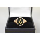 A Masonic bloodstone gold signet ring, stamped 375, 5.5g all in.