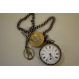 A silver open face pocket watch, the 44mm white enamel dial signed W E Watts & Co Bristol, key wind,