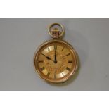 A late Victorian 9ct gold pocket watch, having 36mm gold dial decorated Roman numerals, the unsigned