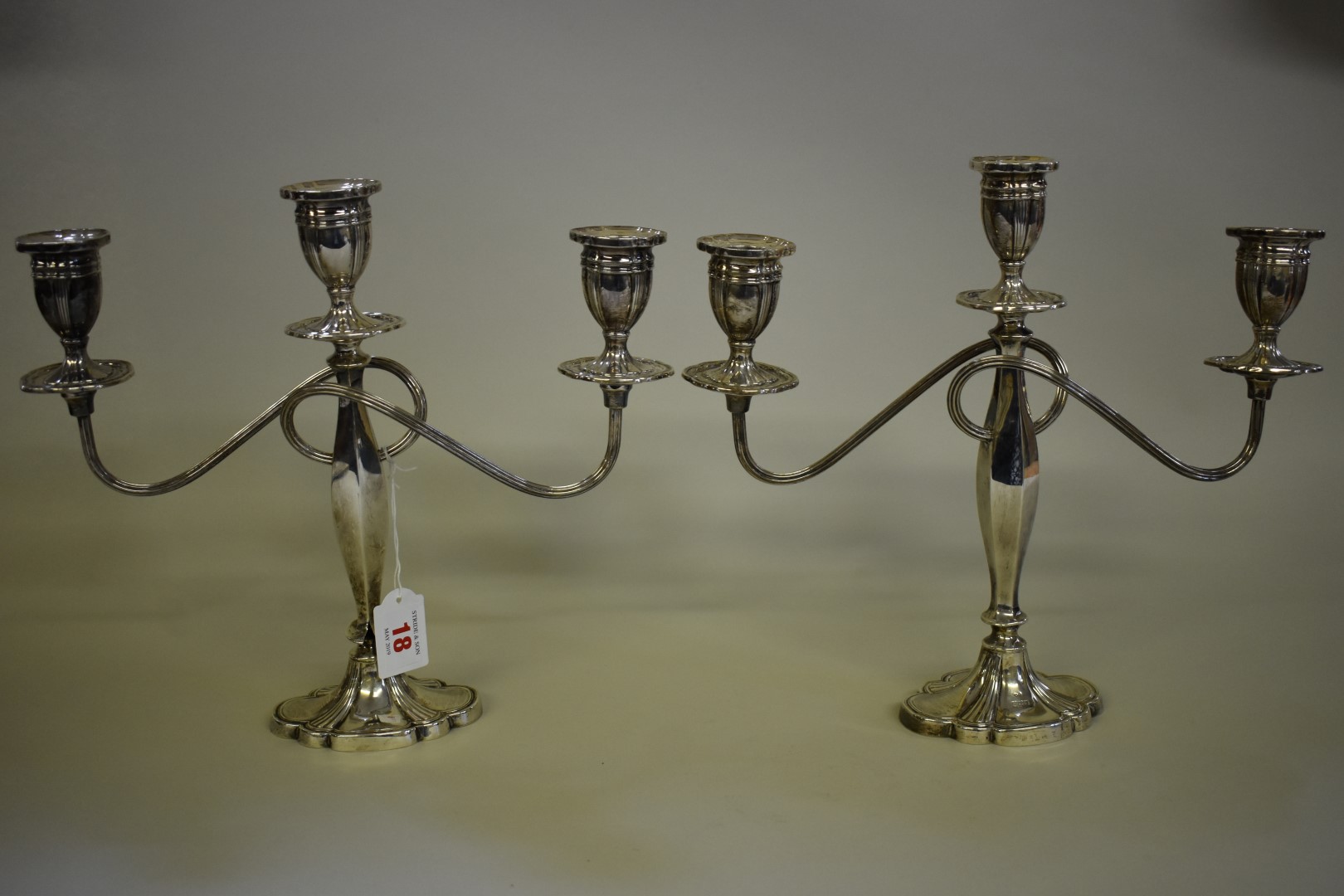 A pair of silver twin branch candelabra,Â by Alexander Smith,Â Birmingham 1976, 27.5cm high. - Image 2 of 5