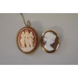 A carved cameo pendant/brooch of a lady, the mount stamped 750; together with a similar brooch of