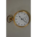 A Waltham 18ct gold manual wind pocket watch, the white enamel dial having subsidiary seconds