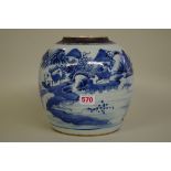 A Chinese blue and white jar, Qing, painted with a landscape, 215cm high.