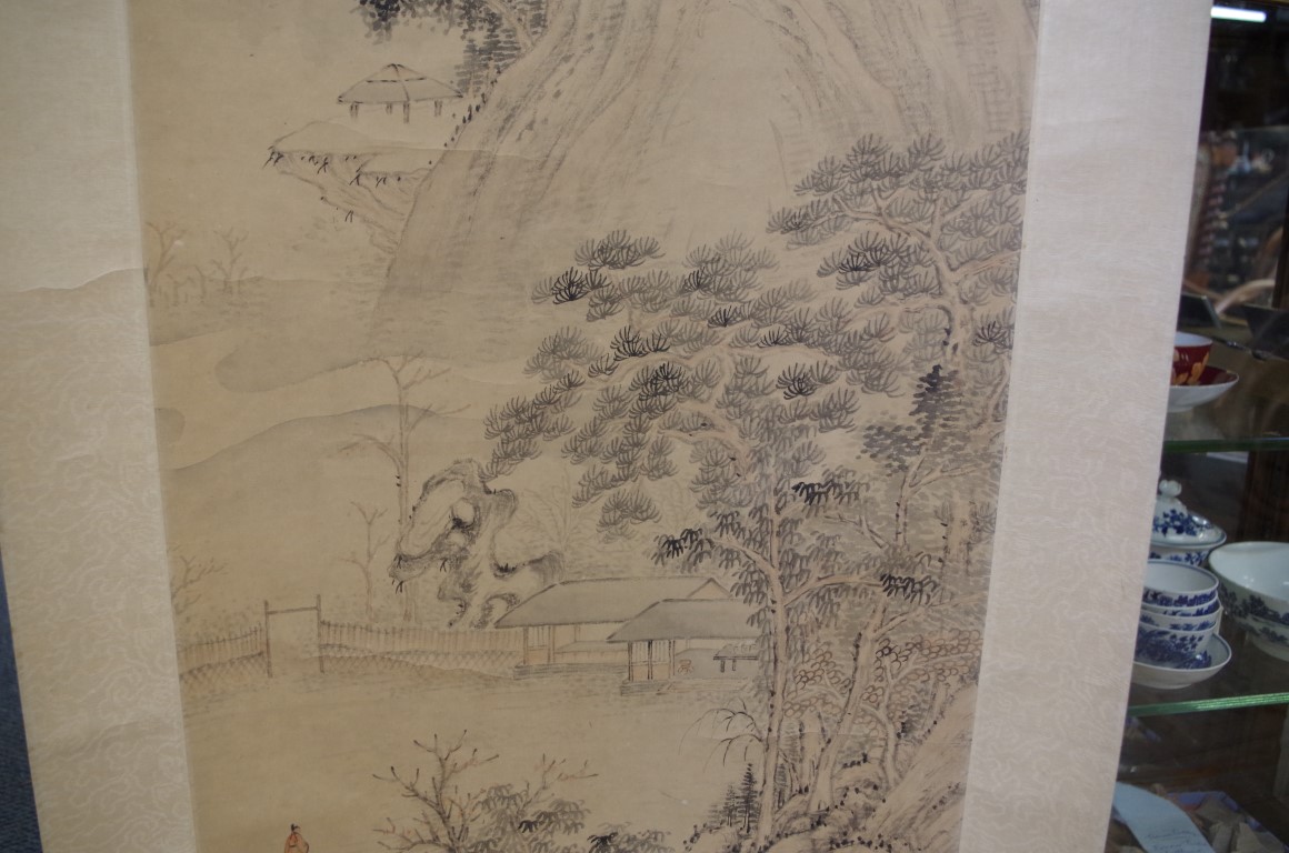 Chinese School, Qing, a mountainous landscape, with inscribed poem, watercolour, image 130.5 x 39. - Image 5 of 6