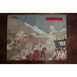 Japanese School, a battle scene, signed, woodblock print, 35.5 x 46.5cm, unframed; together with