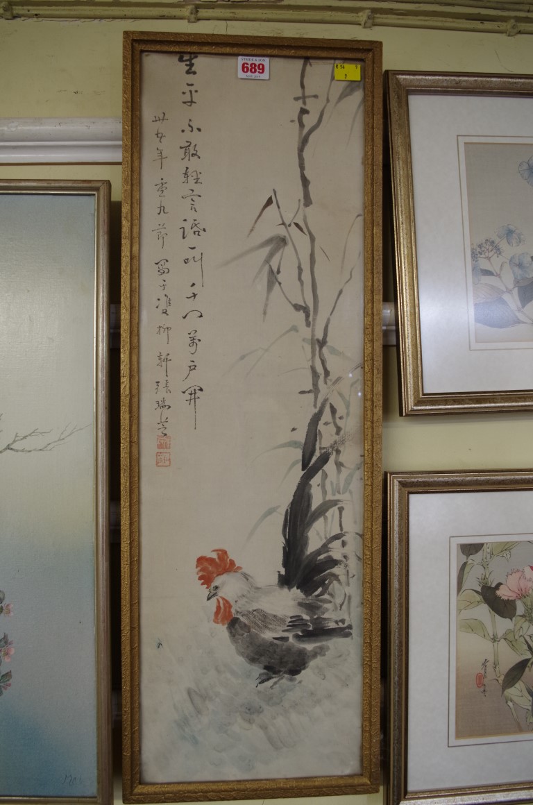 Chinese School, a rooster, signed and inscribed, watercolour, 72 x 22.5cm.