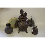 A group of Chinese Archaistic style bronzes, comprising: a large twin handled tripod censer and