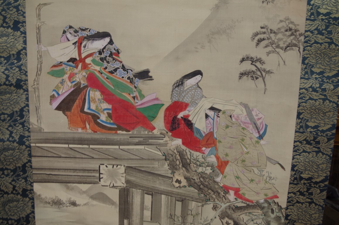 Japanese School,Â figures fleeing a flood, signed twice, watercolour, image 108 x 42cm, on scroll - Image 3 of 3