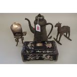 A mixed group of oriental items,Â comprising: a plated metal tripod wine vesselÂ Ju, with three