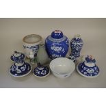 A mixed group of Chinese porcelain, comprising: a blue and white prunus jar and cover, 15.5cm