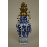 A Chinese blue and white twin handled vase, Kangxi, of lobed form, converted to a lamp, total height