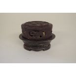 An unusual set of eight Chinese soapstone seals, in carved and pierced soapstone oval box and cover,