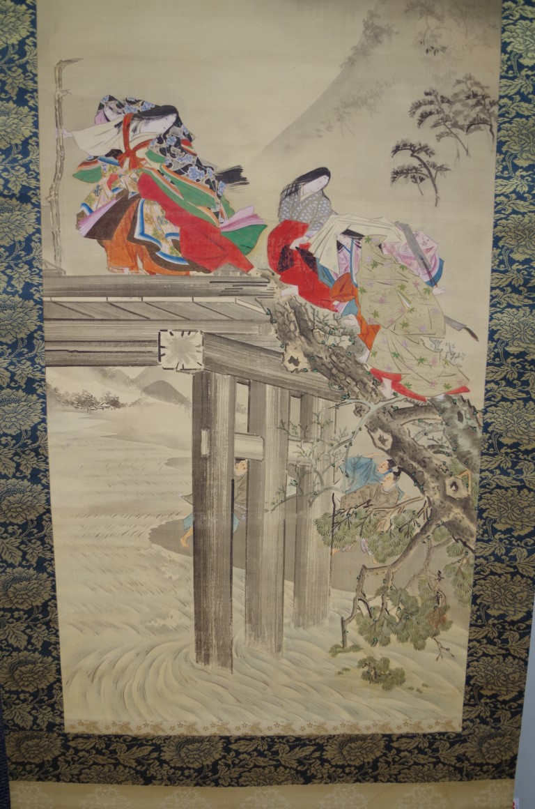 Japanese School,Â figures fleeing a flood, signed twice, watercolour, image 108 x 42cm, on scroll - Image 2 of 3