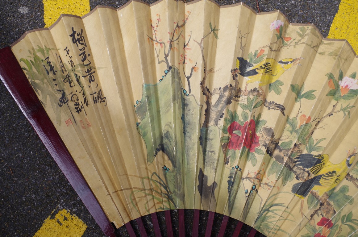 A large Chinese watercolour painted fan, decorated with birds in a landscape, signed, the guards, - Image 2 of 6