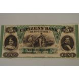 A Citizens' Bank of Louisiana New Orleans $5 banknote, dated Oct 9 1860.