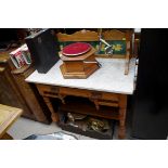 A late Victorian pine wash stand, with tiled back and marble top, 93cm wide.