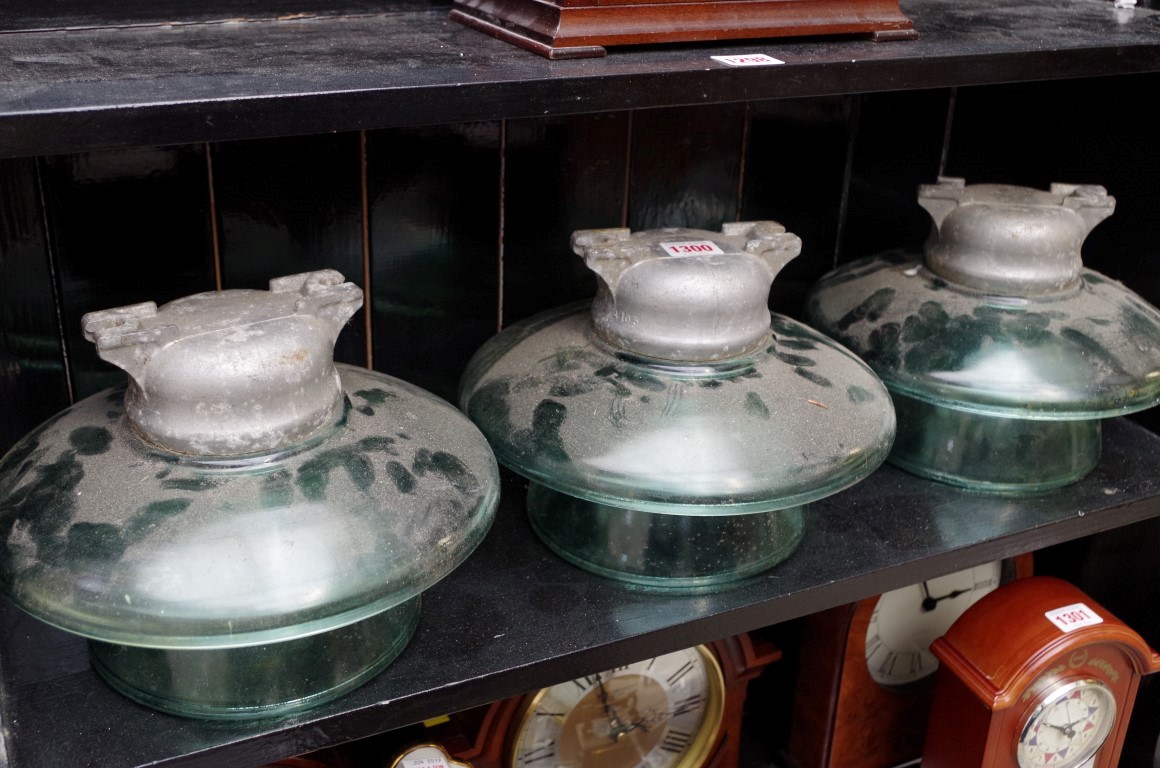 A set of three vintage glass ceiling shades, 25cm diameter.