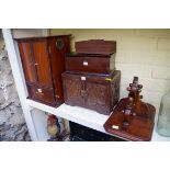 A mahogany Gecophone box; together with three other boxes; and a pair of mahogany wall brackets.