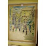 G Molina, a continental street scene, signed and dated 1961, watercolour, 59.5 x 44.5cm.