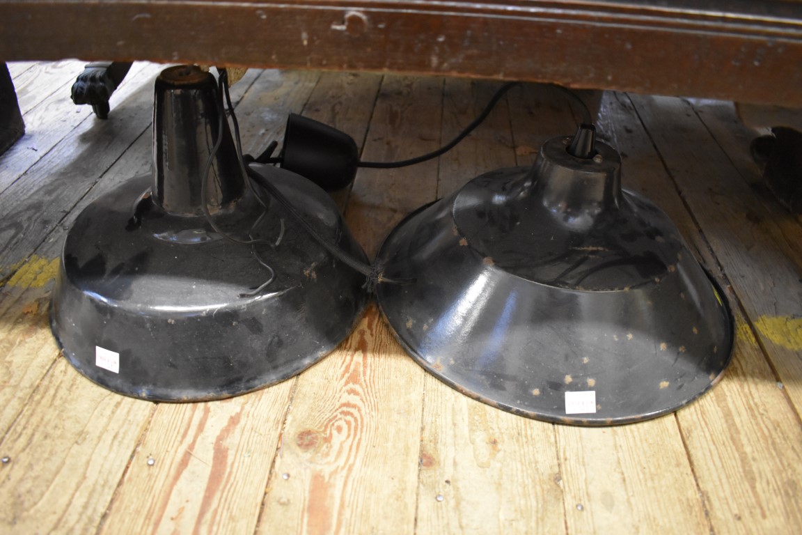 A vintage green enamelled industrial ceiling light, 46cm diameter; together with two further smaller - Image 2 of 2