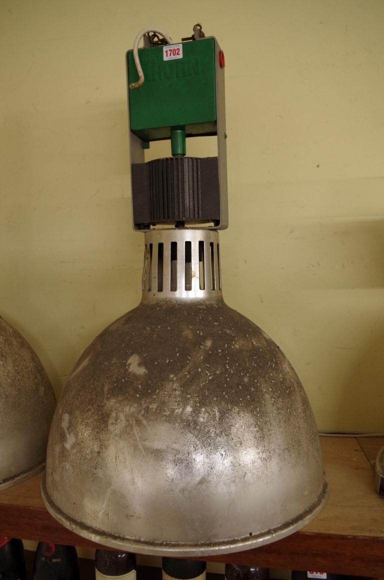 Three vintage Thorn 250 watt MBF industrial ceiling lamps, 48cm diameter.