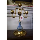 A gilt brass and jasperware twin branch candelabrum, 35cm high.