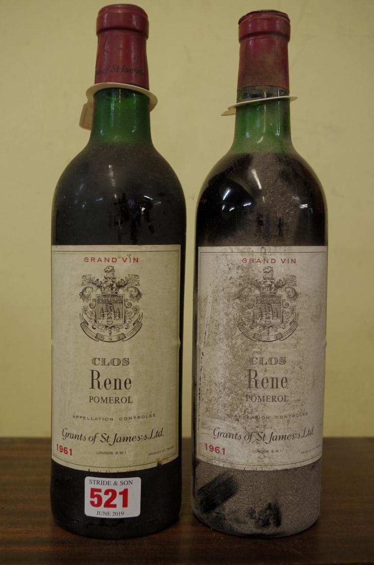 Two bottles of Clos Rene Pomerol 1961, Grants of St James. (2)