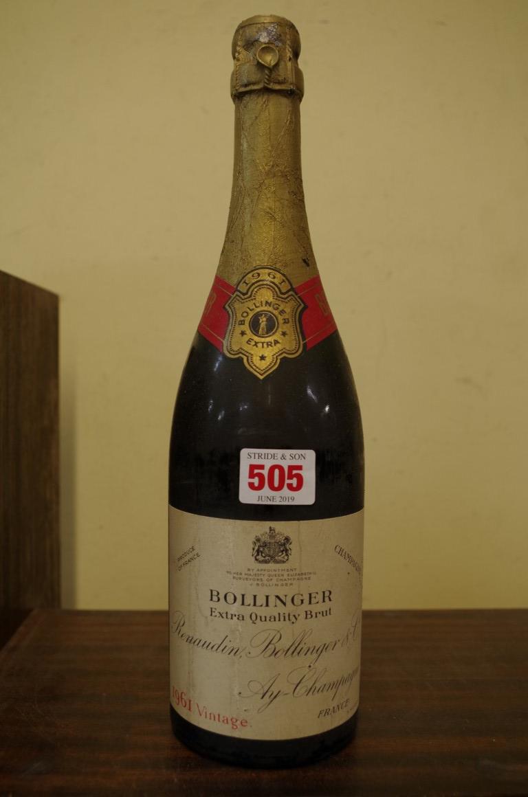 A bottle of Bollinger 1961 vintage Extra Quality Brut champagne.