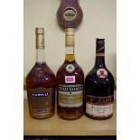 Three 1 litre bottles of brandy, comprising: Three Barrels VSOP; St Remy VSOP; and Martell VS