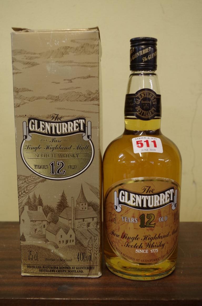 A 75cl bottle of The Glenturret 12 year old whisky, 1980s bottling, in card box.