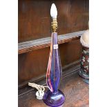 A vintage amethyst glass table lamp, height excluding fitting 42cm.