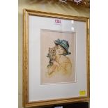 Marjorie Mostyn, a lady with a Yorkshire terrier, signed, watercolour, 17.5 x 13cm.