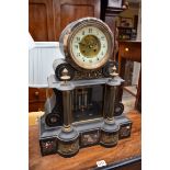 A Victorian slate and marble mantel clock, with exposed escapement and mercury pendulum, 47.5cm