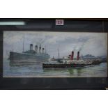 R Milson, 'The Old Queen (II) leaves Royal Pier 1938 with The Olympic preparing to depart' signed