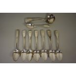 Five Georgian silver dessert spoons, London 1803; together with four other Georgian silver spoons,