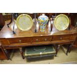 A rosewood and brass strung three drawer side table, 173cm wide, (converted).