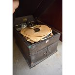 An HMV oak table top gramophone.