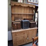 An old pine dresser and rack, 121cm wide.